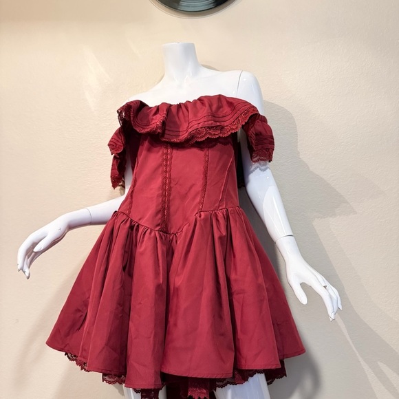 Shein Off-Shoulder Burgundy Dress with Lace Trim - Picture 2 of 10